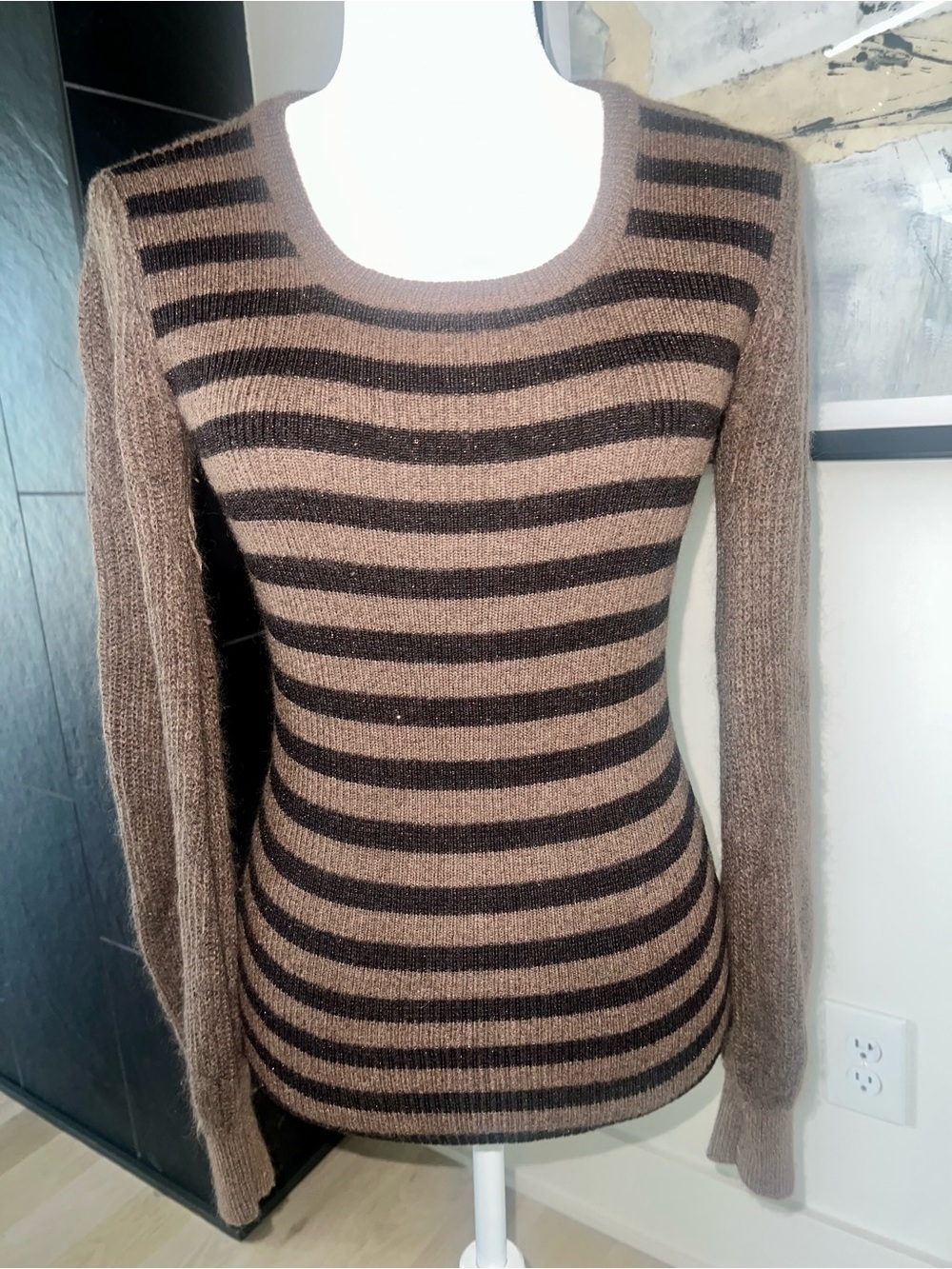 Roberto Collina Taupe & Dark Brown Striped Scoop Neck Sweater